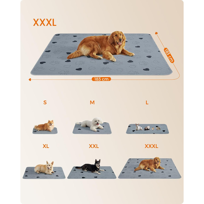 Підстилка для собак Feandrea, 2 шт. в наборі, XXXL (183x183 см), водонепроникна, неслизька, супер вбираюча, сіра