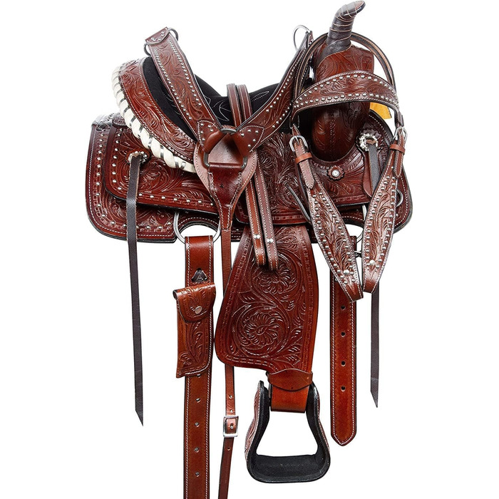 Вестерн-сідло Barrel Racer з тисненням для шоу, прогулянок і трейл-райдингу, шкіра, розмір для коня і поні, сидіння 25,4-45,7 см