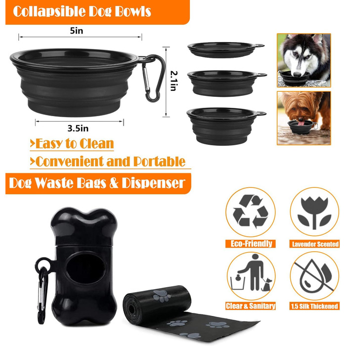 Нашийник для собак LOBEVE з анти-гавком, поводок та страхувальний ремінь для авто, складані миски та диспенсер для відходів, для собак маленьких та великих порід, ідеально для прогулянок, тренувань та подорожей (XL, Чорний)