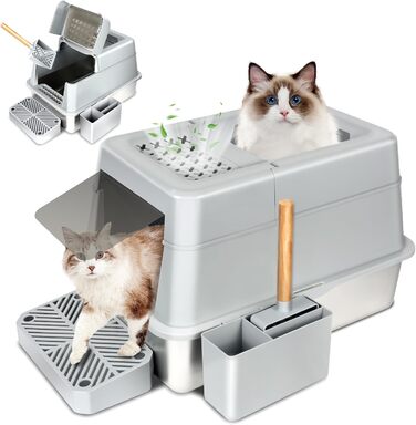 INSMEER котячий туалет з нержавіючої сталі XXL 30L з кришкою, для великих котів до 15 кг, з лопаткою, верхнє відкриття, герметичний, легке очищення, 60x42x38 см