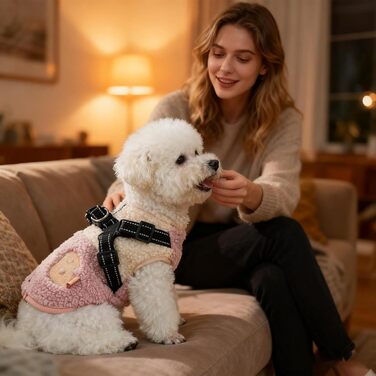 Зимовий теплий одяг для собак - куртка з флісовою підкладкою, отвором для шлейки, для маленьких та середніх собак, зелено-білий (рожевий/білий)