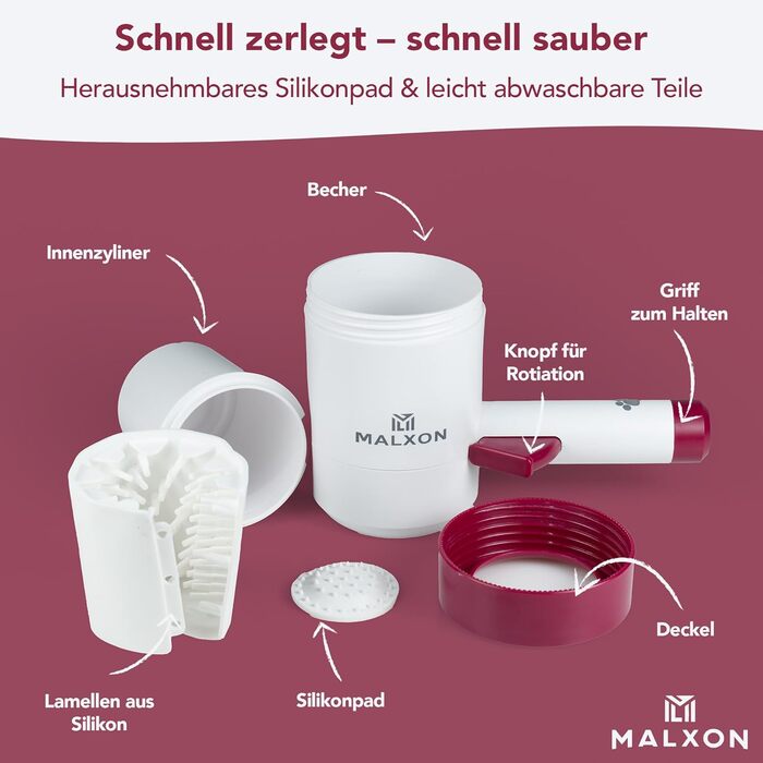 MALXON® Очищувач лап для котів та дрібних собак | Розутачі лап з обертовими силіконовими щетинками | М'який та швидкий, ідеальний для маленьких лапок | Включає мікрофіброве полотно | Рожево-білий (Фіолетово-білий)