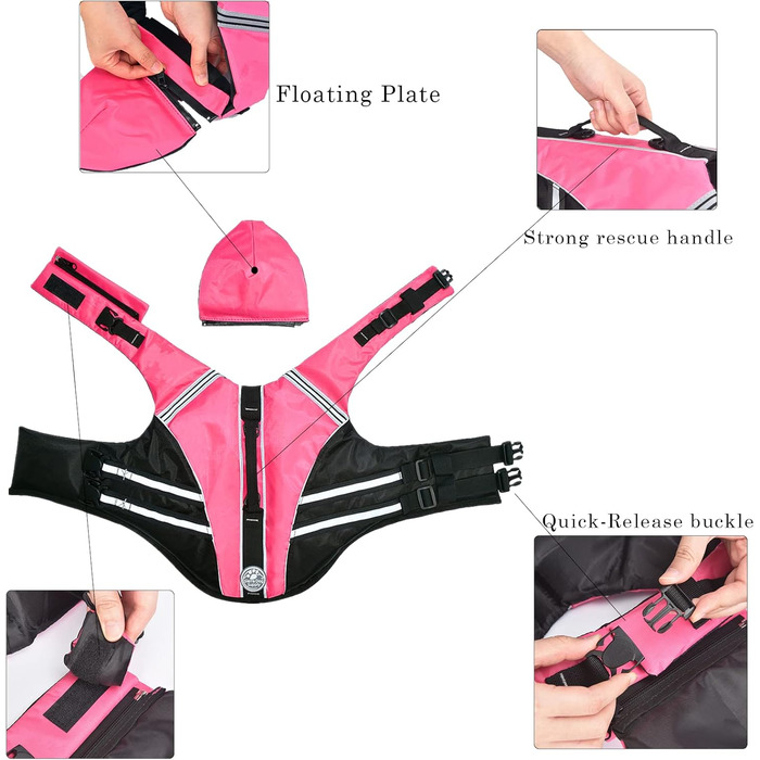 Жилет для плавання собак Французького бульдога, жилет для плавання, катання на човні, з поплавком на підборідді та рятувальним гачком, високий клас (обхват грудей: 43,2 см - 76,2 см), рожевий