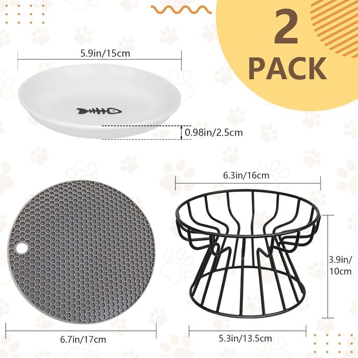 Підвищені годівниці для котів 2 шт. з кераміки з металевим підставкою, миски для котів з силіконовим килимком, станція для годування проти блювоти, миски для котів для корму та води, чорного кольору