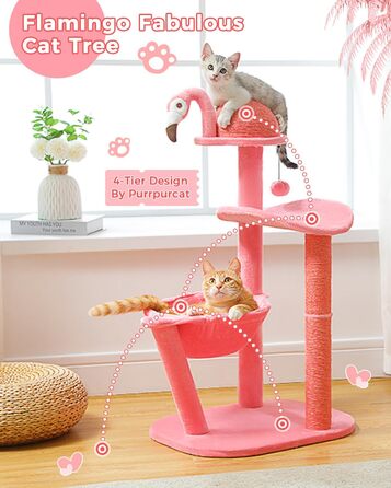 PURRPURCAT Фламінго — рожевий котячий будиночок з гамаком, когтеточка та ігровим м'ячем для маленьких котів, 86,4 см, для дому