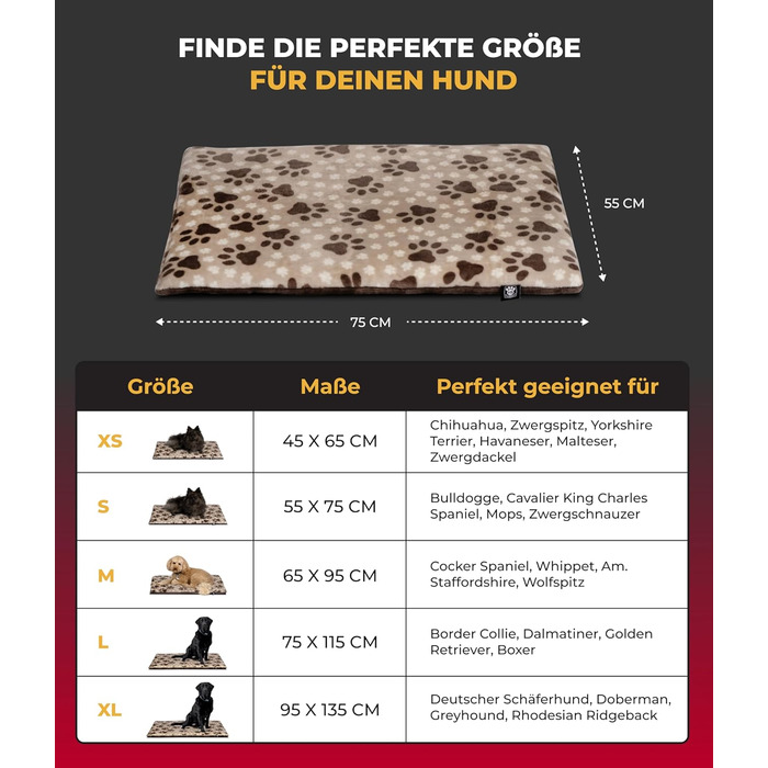Підстилка для собак XS (45x65 см) – Двостороння та зручна з наповнювачем 3 см – Ідеально для дивану, авто та переноски – Виготовлено в Німеччині (55 x 75 см, Лапка Бежева)