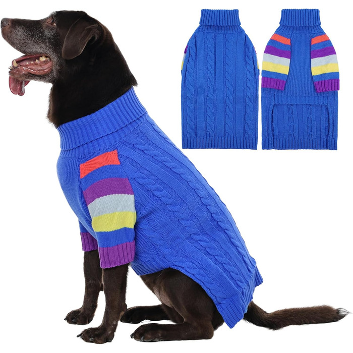 Пуловер для собак середнього розміру OUOBOB, теплий в'язаний зимовий пуловер з отвором на животі, еластичний светр для Бостон Тер'єрів та Французьких Бульдогів, L, Синій