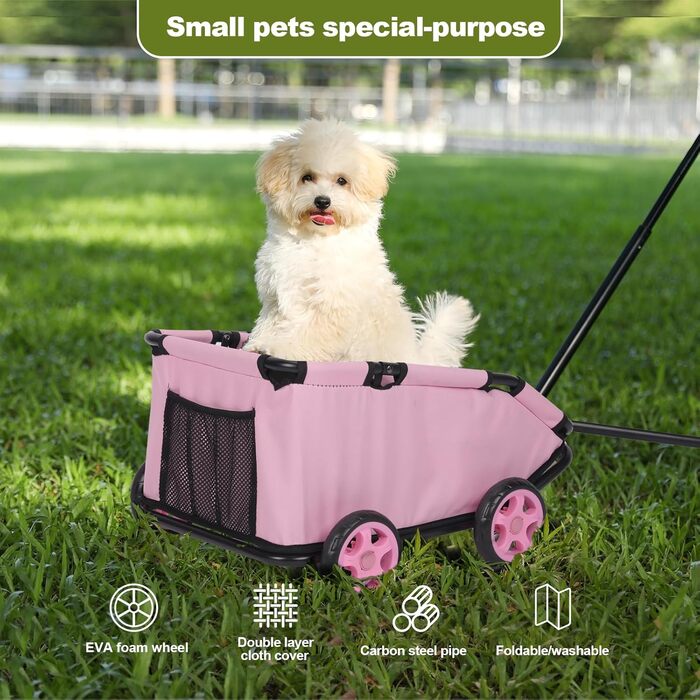 Міні-візок для маленьких тварин, складний багатофункціональний візок для покупок з висувною ручкою, для прогулянок на вулиці, з вбудованим матрацом та страхувальним тросом, з кишенькою для зберігання (Рожевий)