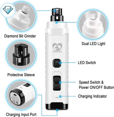 Електричний точило для собачих кігтів Casfuy з 2 LED-лампами - 4.8V, 2 швидкості, для середніх собак, тихе, перезаряджуване