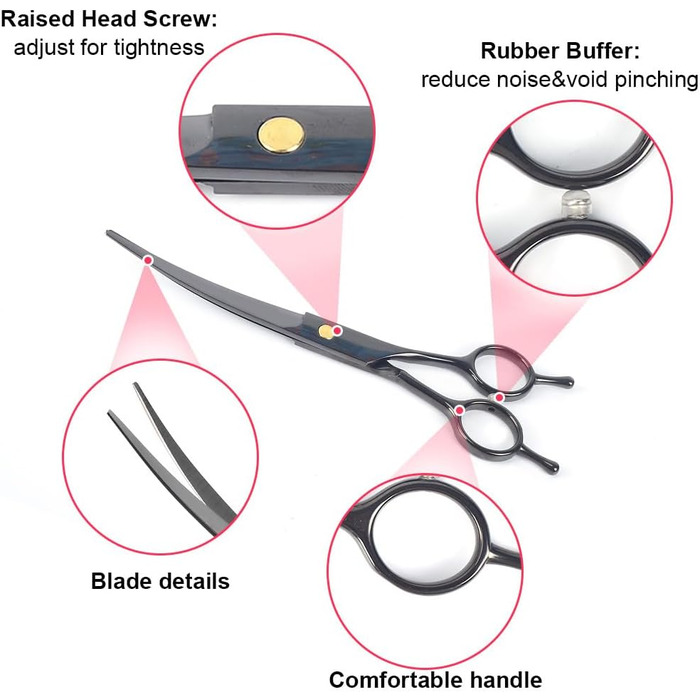 Набір ножиць для собак 7 дюймів, професійний 5-в-1 з нержавіючої сталі, включаючи ножиці для фінальної обробки, вигнуті та прямі ножиці, гребінець для грумінгу, серветка для чищення, кейс для зберігання, регулювальний гвинт, для собак та котів, чорний