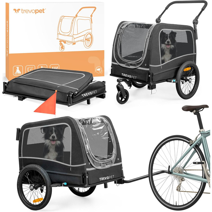 Легкий велосипедний візок для собак 2-в-1 – для собак вагою до 30 кг, складаний, з кулером, прапорцем безпеки та м'яким килимком, сумісний з електровелосипедами