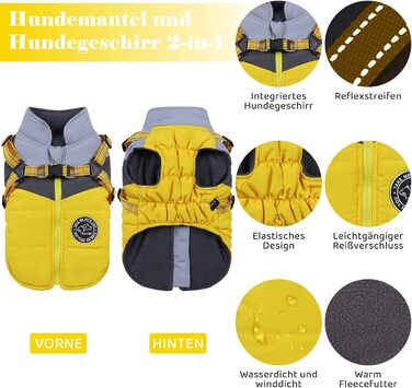 Водонепроникний зимовий одяг для собак Savlot: тепла куртка та вітрозахисний костюм для маленьких та середніх собак з шлейкою. Відображаючий дизайн (L, жовтий + сірий)