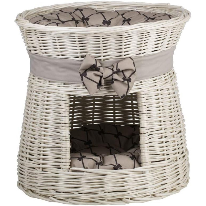 Кругла котяча хатинка e-wicker24 з плетеної лози, двоярусна, з подушкою та стрічкою, котячий турнік (кремово-бежевий)