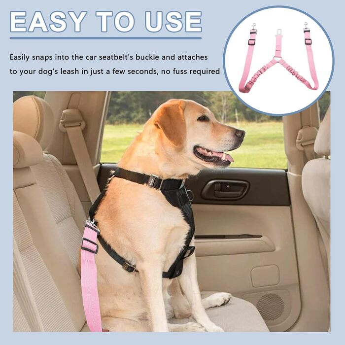Ремінь безпеки для собак у машину, подвійний, еластичний, регульований, з амортизатором та карабіном для маленьких та середніх собак (рожевий)