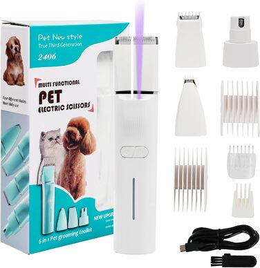 Набір для стрижки котів Dufuso Leise: 4 в 1, LED-підсвітка, професійний триммер для собак та котів, для догляду за лапами, очима, вухами, обличчям та тілом (білий)