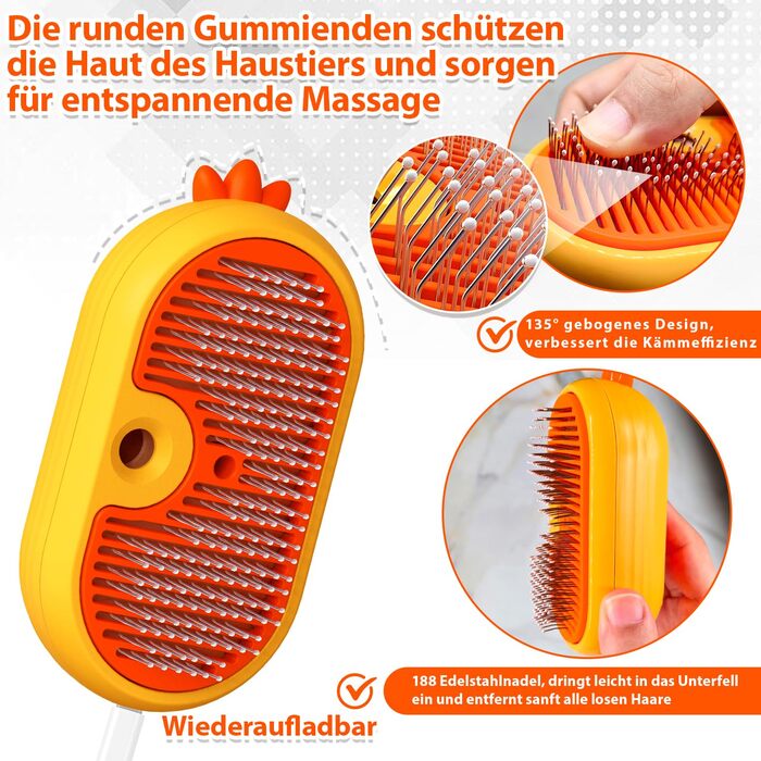 Парфумерна щітка для котів з розпилювачем, 4-в-1: видалення шерсті, масаж, розпилення, самоочищення, водонепроникна (IPX7), білий колір з жовтим руків'ям