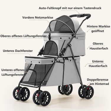 Складаний візок для собак на 2 яруси, переноска для домашніх тварин до 24 кг, візок для собак з сітковими віконцями, ремінь безпеки, 4 колеса, складаний візок для котів та маленьких собак (сірий)