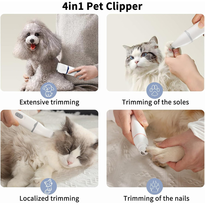 Airminti 4-в-1 Безшумна машинка для стрижки шерсті котів, USB-зарядка, 4 змінні насадки, машинка для собак, для догляду за очима/вухами/лапами/нігтями (Блакитна)