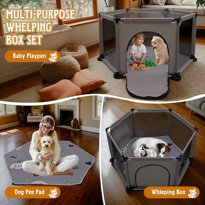 Квадратна переноска для цуценят, ігровий центр, матрац для собак, 122 x 65 см (сірий). Підходить для великих та малих порід.