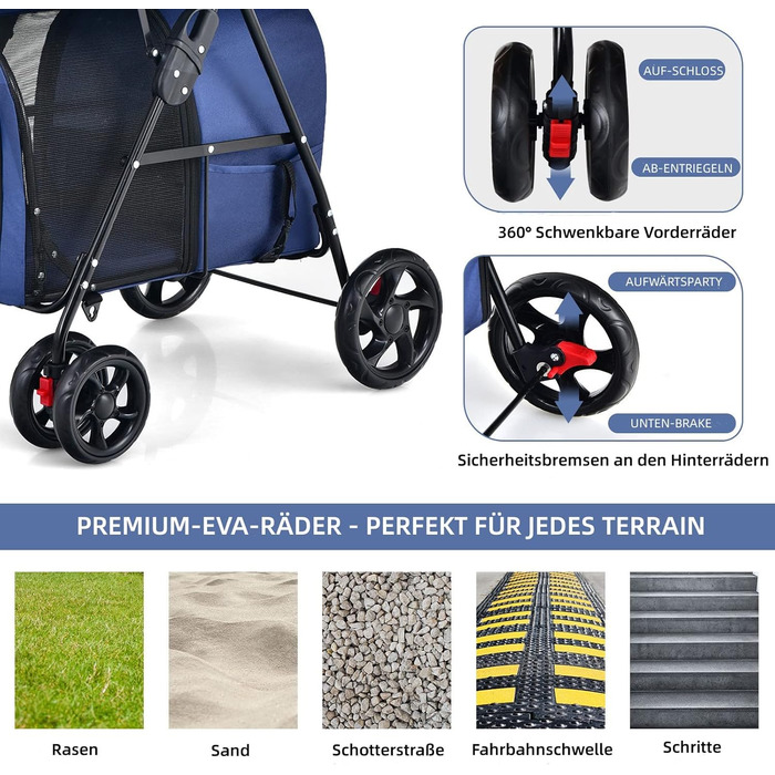 GYMAX Складаний візок для собак, буги для тварин з 2 знімними кишенями, візок для собак з передніми та задніми дверцятами, переноска для домашніх тварин з сітчастою тканиною та колесами з гальмами, переноска для собак та котів (Блакитний)