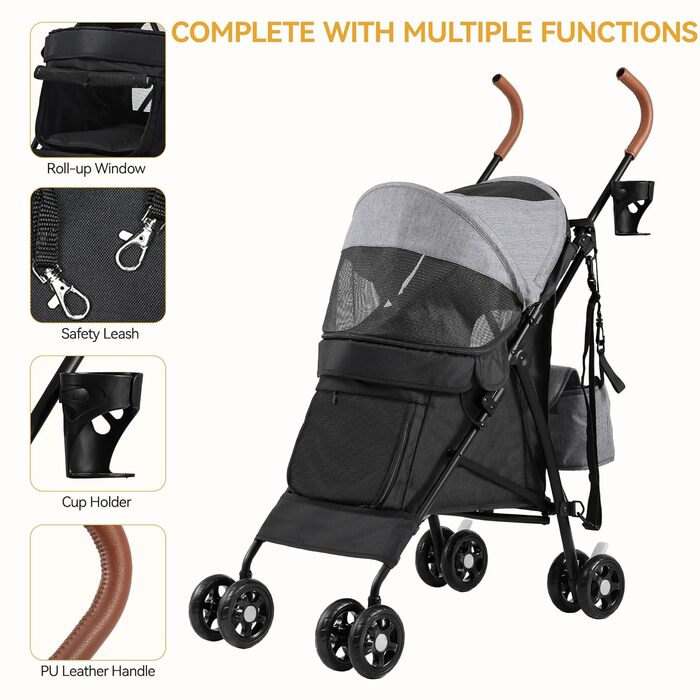 Візок для собак та котів DWVO - зручний та компактний, до 11,3 кг, сірий/чорний, 45x80x103 см