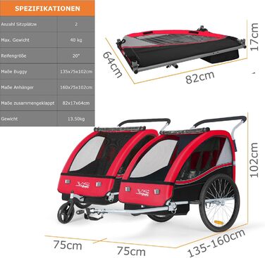 Дитячий причіп Tiggo VS 2-в-1: причіп для велосипеда та коляска-візок, червоний