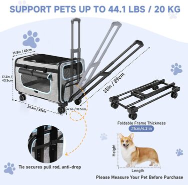 Транспортер для тварин на колесах для котів та собак, сумка-переноска з знімними колесами та пральним вкладишем, плечовий ремінь, портативний транспортер для відпочинку на природі та подорожей на авто (Макс.20 кг)