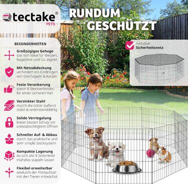 Вольєр Tectake® з захисним сітком, секційна огорожа, розкладна та розширювана, для дрібних тварин, кроликів, як загородження для собак, собачий вольєр, для цуценят, вольєр для кроликів, вуличний вольєр, діаметр 145 см, чорний