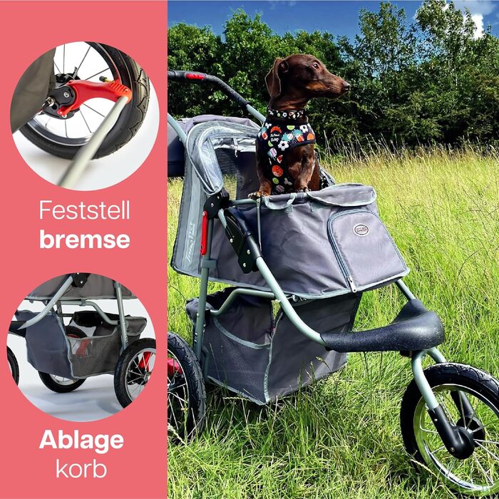 Візок для собак Innopet Comfort Air Eco чорного/срібного кольору – візок для собак/кішок з 30см повітряними колесами, складається однією рукою, підходить для лісових стежок – світловідбиваючі смуги, органайзер, перероблений нейлоновий матеріал (сірий)