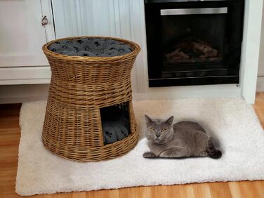 Кошик-будиночок для кота з лози, двоповерхове котяче ліжко 47 см, натуральна верба, з подушкою, для котів і собак, колір світло-сірий