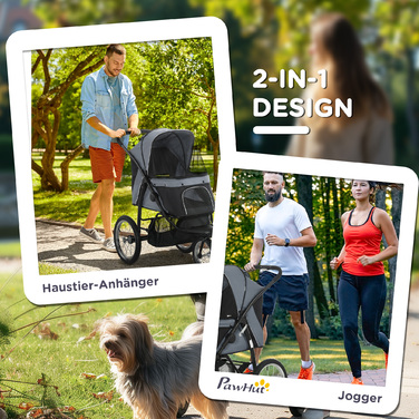 PawHut Dog Buggy Cat Buggy складний зі світловідбивачами, кошиком для зберігання, захистом від сонця та сітчастим вікном, Оксфорд сірий