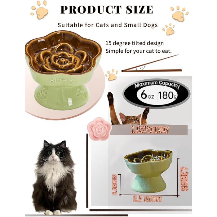 Миска для повільного годування домашніх тварин, керамічна, піднята та нахилена, для котів та маленьких собак, запобігає блювоті та удушенню (Рожева)