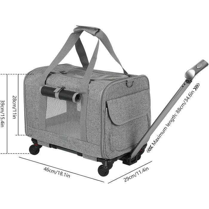 Транспортна переноска для котів та собак на колесах, сіра, 2-в-1, для подорожей та перельотів
