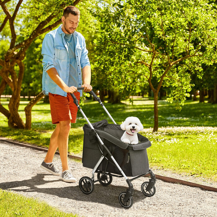PawHut Dog Stroller Легкий складаний Dog Buggy з алюмінію для собак і кішок до 10 кг Cat Buggy з подушками Сітка Вікна Двері Кошик для зберігання Котяча коляска Баггі Grey | Аосом