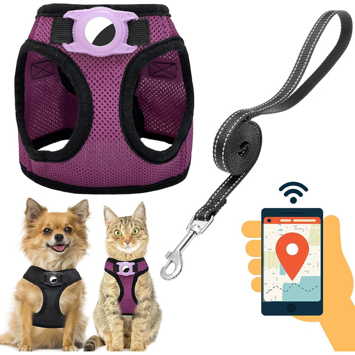 Нашийник для собак з кріпленням для Airtag, для малих собак, цуценят, котів, без натягування, відбиваючий поводок, комплект для прогулянок, тренувань, подорожей, догляду за шерстю, SMALL (обхват грудей: 30-38 см), фіолетовий