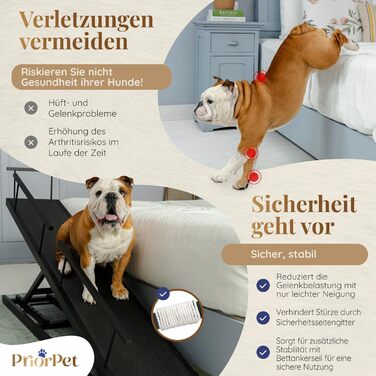 Сходинки для собак PRIORPET з берези з поручнями - регульована висота до 94.5 см - складаються - антиковзні ручки - для малих собак до 23 кг - коричневі (чорні)