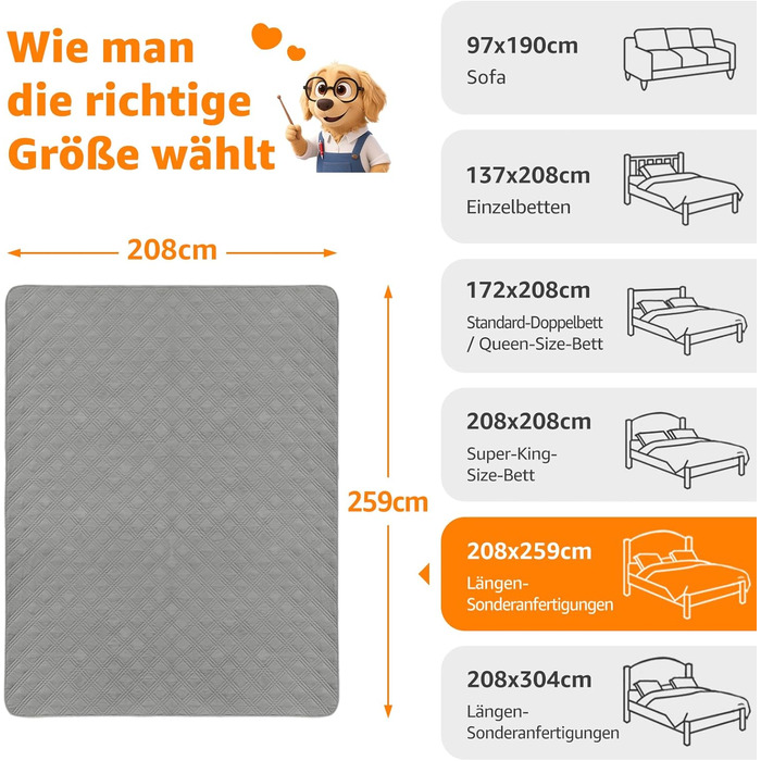 Водонепроникний килимок для собак PICK FOR LIFE, 208x259 см. Захист для дивану та ліжка. Легко миється, підходить для великих та маленьких собак. Колір: світло-сірий