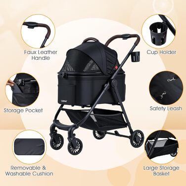 Фантаск 3-в-1 Візок для собак, переноска, сумка-переноска до 15 кг з регульованим тентом, кошиком та тримачем для напоїв, візок для домашніх тварин, складна конструкція, візок для собак, котів, домашніх тварин (Чорний)