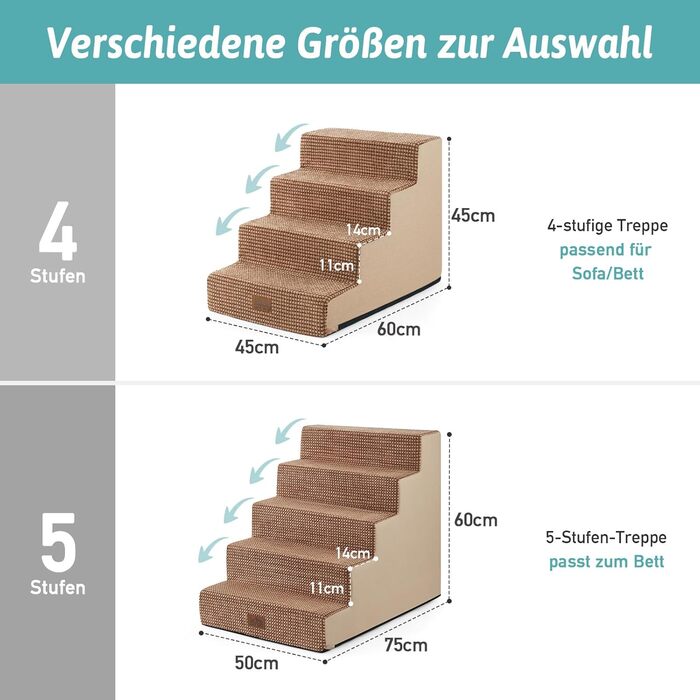 Сходинки для собак маленьких порід, 5 сходинок, 60 см, знімний чохол (світло-коричневий) 75x50x60 см
