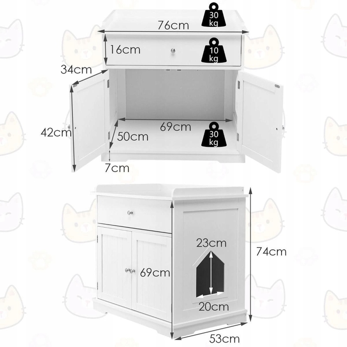 Білий тумба-комод для котів з відсіком під лоток або лежанку та полицею