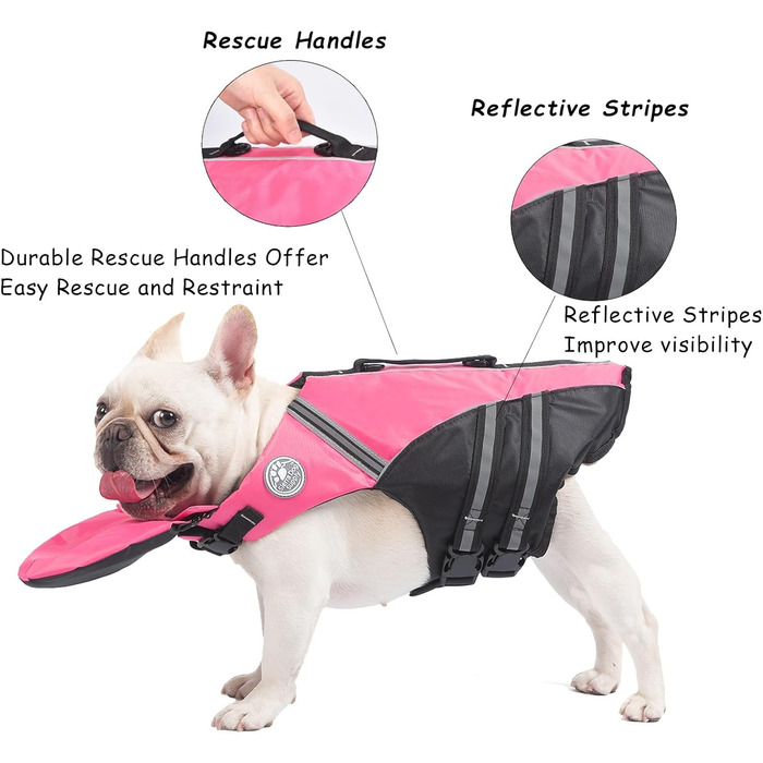 Жилет для плавання собак Французького бульдога, жилет для плавання, катання на човні, з поплавком на підборідді та рятувальним гачком, високий клас (обхват грудей: 43,2 см - 76,2 см), рожевий