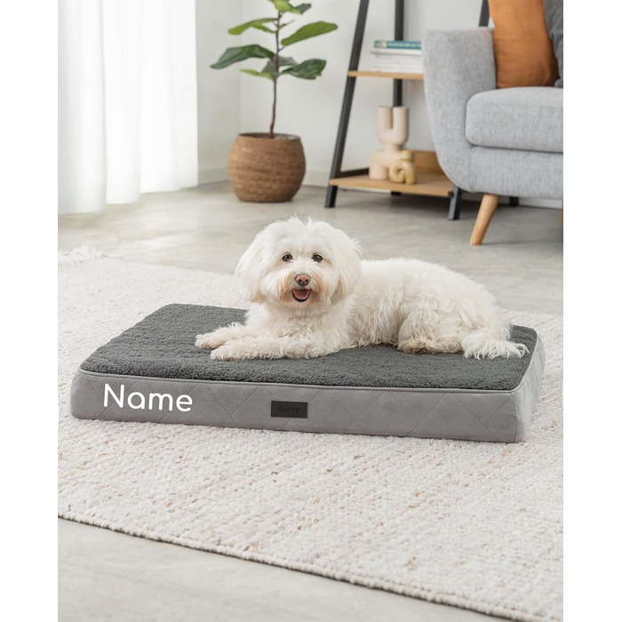 Ортопедичне ліжко для собак Lionto, 112x81x8 см, міцне, з м'яким плюшем, знімний та пральний чохол, водовідштовхувальне, для собак та котів, з нанесенням імені (76x51x8 см з іменем), сірий колір