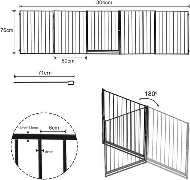 Захисна сітка для каміна Daromigo, 304 см, металева з дверцятами, сітка для дитячого манежу, захист від тварин, захист для дітей, чорна, 5 елементів
