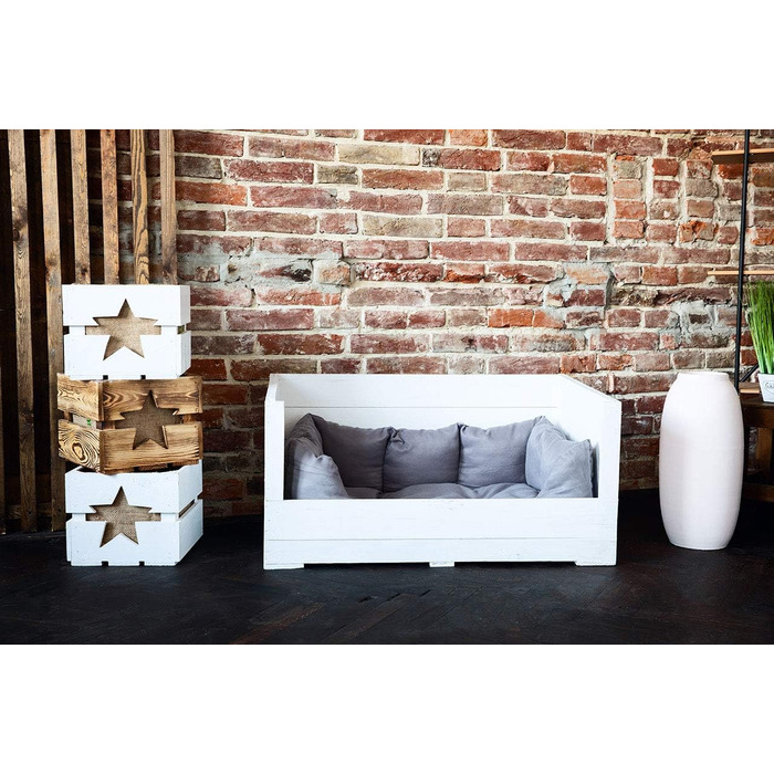 Собаче ліжко Kistenkolli Altes Land Balu з дерева з подушкою 90x57x45 см, корзина для собак, лежанка, вінтаж, для дому та вулиці, білий колір