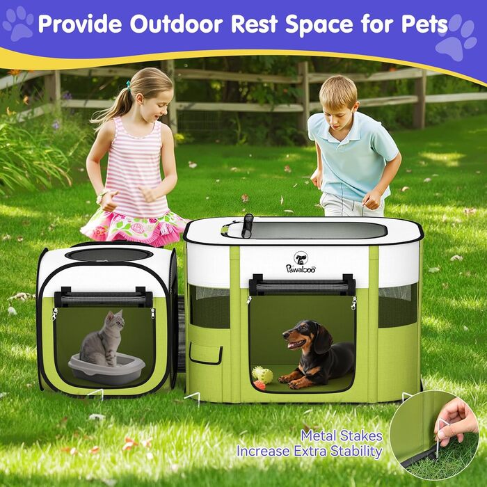 Pawaboo Зручний портативний вольєр для тварин, складаний вольєр для собак з водонепроникного оксфорду, клітка для котів з сумкою, мискою, для цуценят, котів, кроликів, для використання в приміщенні та на вулиці, зелений, M-80×60×55см, (2-в-1 вольєр, A-Біл