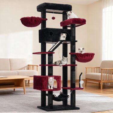 Великий котячий будиночок Kratzbaum: стабільний, 200 см, з платформами, гамаком, сизалевими стовпчиками (чорний та червоний)