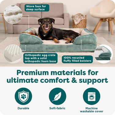 Крісло-лежанка для собак великих порід Furhaven з піною з пам'яті, знімний та пральний чохол, до 81,6 кг, ультра-м'яке штучне хутро та велюр, контурний матрац, XXXL (102 x 71 x 24 см, Celadon Green)