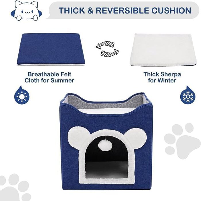 Кіт-будинок складний великий для котів та маленьких собак з когтеточкою та пухнастою кулькою, блакитний