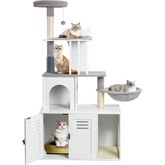 Snughome 2-в-1 сучасна котяча вежа з туалетом з дерева 140 см, когтеточка, гамак, велика платформа, сіра