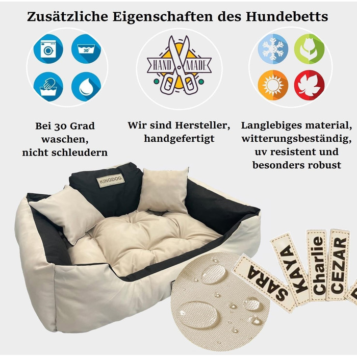Крісло-ліжко для собак великих порід King Dog, велике, миється, з іменем, водонепроникне, силіконова наповнювач (Бежевий, 100 x 75 см)